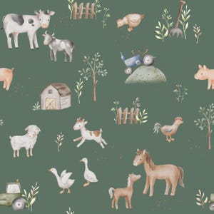Green Farm Animal Fabric, Horse Cow Sheep, Fabric by the Yard, Autumn River, Quilt Fabric, Canvas, Sateen, Knit Fabric, Broadcloth, Minky