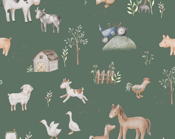 May include: Watercolor illustration of farm animals and elements on a green background. The design includes cows, pigs, sheep, goats, chickens, horses, geese, a barn, a tractor, and a wheelbarrow. The artwork has a whimsical, storybook style.