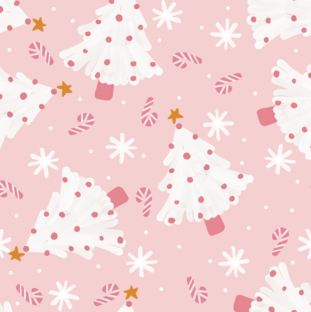 Pink Christmas Tree Fabric, Candy Cane Fabric, Fabric by the Yard