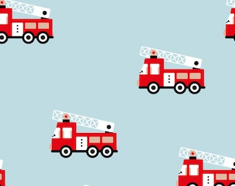 May include: A seamless pattern featuring red fire trucks with white ladders on a light blue background. The fire trucks have black wheels and white details.