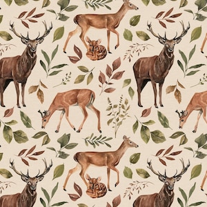 Cream Deer Buck Fabric, Woodland Animal Fabric, Fabric by the Yard, Cate and Rainn, Quilting Cotton, Knit Fabric, Canvas, French Terry
