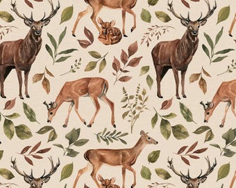 Cream Deer Buck Fabric, Woodland Animal Fabric, Fabric by the Yard, Cate and Rainn, Quilting Cotton, Knit Fabric, Canvas, French Terry