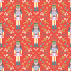 May include: A repeating pattern of Christmas nutcrackers, stars, and sprigs on a red background. The nutcrackers are in a uniform style with a mustache, crown, and boots. The design includes teal, gold, and white accents, creating a festive holiday theme.