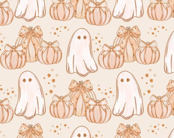Pode incluir: Padrão repetitivo com fantasmas de desenhos animados, abóboras com laços e formas de estrela em tons de pêssego e creme. O design é adequado para produtos com tema de Halloween ou outono.