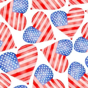 May include: A seamless pattern of watercolor hearts in red, white, and blue, featuring the American flag design. The hearts are arranged in a random pattern, creating a festive and patriotic look.