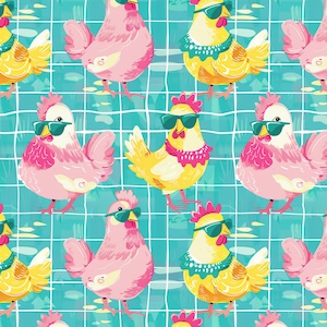 Tela de pollos de colores, linda tela de pollos de verano, tela cortada a medida, Tori Egeler, algodón acolchado, tela de baño, pantalones cortos, lona