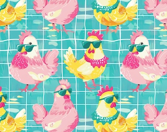 Bunter Hühner Stoff, Süßer Sommer Huhn Stoff, Stoff Meterware, Tori Egeler, Baumwolle, Swim Stoff, Baumwolle, Badeshorts, Canvas