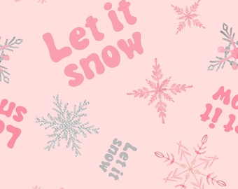 Pink Snowflake Fabric, Let it Snow, Fabric by the Yard, Tori Egeler, Christmas Fabric, Quilting Cotton, Broadcloth, Knit Fabric, Canvas