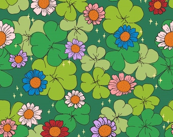 Tela de trébol Lucky Daisy, cortada a medida, para el Día de San Patricio, de algodón para acolchado, de algodón y elastano, de satén, de bambú y de felpa francesa.