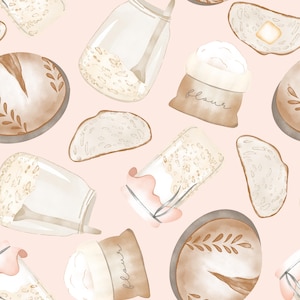 May include: A seamless pattern featuring watercolor illustrations of various baking ingredients, including flour, bread, and jars of ingredients. The background is a soft pink color.
