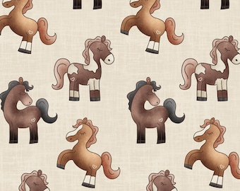 Cream Horse Fabric, Pony Fabric, Farm Fabric, Fabric by the Yard, Krystal Winn, Quilting Cotton, Knit Fabric, Canvas, Spandex, Sateen