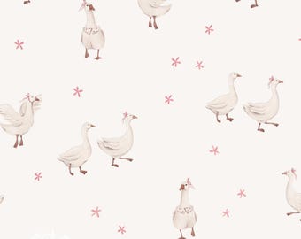 Tessuto con motivo floreale di oche, tessuto con oche da bambina, tessuto con animali da fattoria, tessuto tagliato su misura, Iss Mueller, cotone per quilting, tessuto a maglia, tela, raso