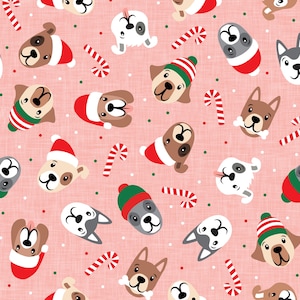 Pink Christmas Dogs Fabric, Christmas Puppy Fabric, Fabric by the Yard, Little Arrow, Quilting Cotton, Broadcloth, Sateen, Minky, Canvas