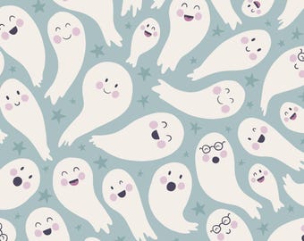 Blauer Geist Stoff, Süßer Halloween Stoff, Herbst Stoff, Meterware, Deinki, Quilt Baumwolle, Jersey, Canvas, Minky