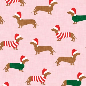 Christmas Dachshund Fabric, Pink Dog Fabric, Fabric by the Yard, Little Arrow, Quilting Cotton, Spandex, Jersey, Canvas, Knit Fabric, Minky