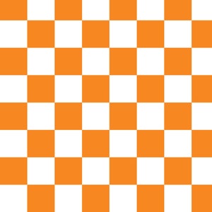 Op de afbeelding: Een schaakbordpatroon met afwisselende oranje en witte vierkanten.