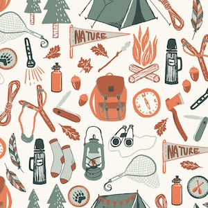 Camping Gear Fabric, Scouts Fabric, Fabric by the Yard, Hufton Studio, Quilting Cotton, Knit Fabric, Minky, Sateen, Broadcloth, Canvas
