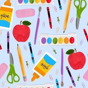 Blue School Supply Fabric, Back to School Fabric, Fabric by the Yard, Michelle Hemeon, Quilting Cotton, Knit Fabric, Canvas, Sateen, Jersey