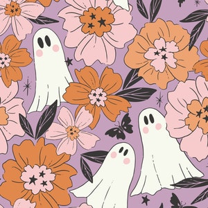 Purple Floral Ghost Fabric, Fabric by the Yard, Halloween Fabric, Juniper Row, Quilting Cotton, Bamboo, Jersey, Cotton Spandex, French Terry