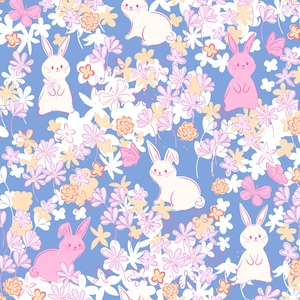 Floral Bunny Fabric, Fabric by the Yard, Spring Easter Fabric, Floral Sky Design, Quilting Cotton, Sateen, Knit Fabric, Fat Quarter, Spandex