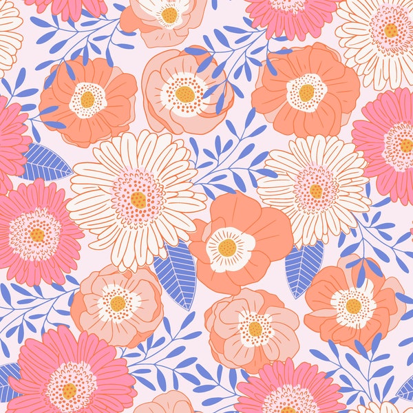 Pink Orange Summer Floral Fabric, Flower Swim Fabric, Fabric by the Yard, Ashes + Ivy, Swim Fabric, Quilting Cotton, Boardshort Fabric