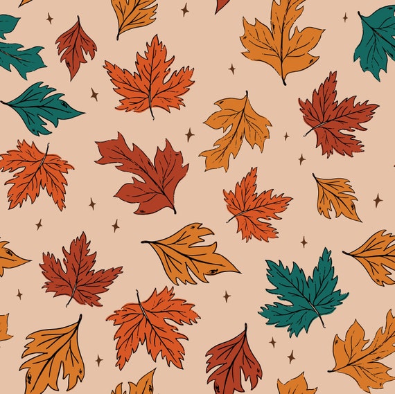 Orange and Teal Fallen Leaves Fabric, Fall Leaf Fabric, Fabric by the Yard, Quilting Cotton, Bamboo, Jersey, Canvas, Spandex, French Terry