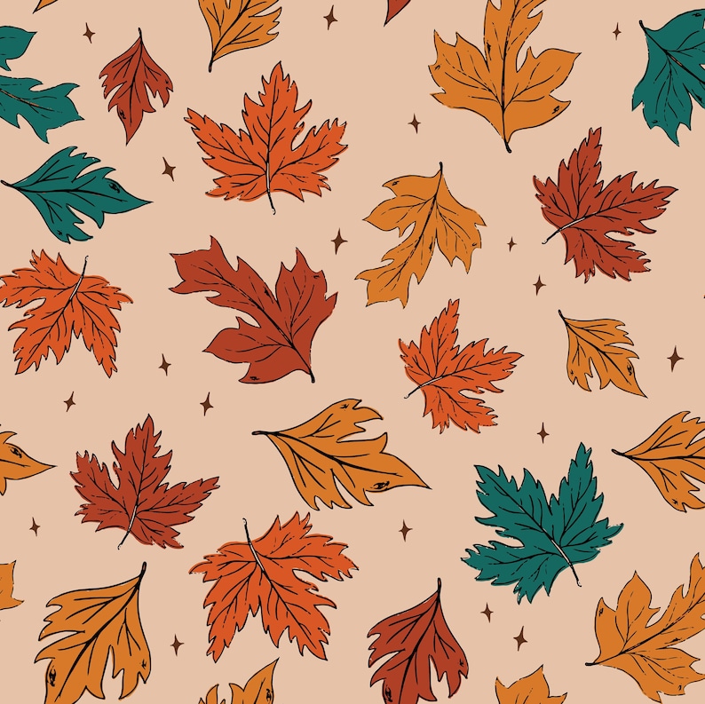 May include: A seamless pattern featuring various autumn leaves in shades of orange, brown, and teal on a light peach background. The leaves are stylized and have a vintage aesthetic.