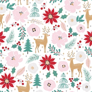 Reindeer Floral Fabric, Pink Christmas Floral Fabric, Fabric by the Yard, Julie Storie, Quilting Cotton, Knit Fabric, Canvas, Minky, Sateen