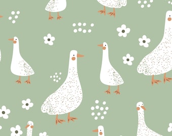 Green Goose Fabric, Farm Animal Fabric, Fabric by the yard, Solmariart, Quilting Cotton, Knit Fabric, Canvas, Jersey, Bamboo, Organic Cotton
