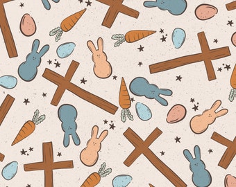 Tela de cruz de Pascua, tela de conejito de Pascua, tela cortada a medida, Brittany Frost, algodón para acolchado, satén, tela de punto, lona, cuarto gordo