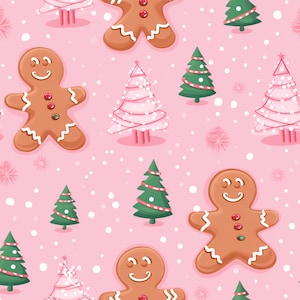 Pink Gingerbread Cookie Fabric, Christmas Fabric, Fabric by the Yard, Tori Egeler, Quilting Cotton, Canvas, Knit Fabric, Sateen, Broadcloth