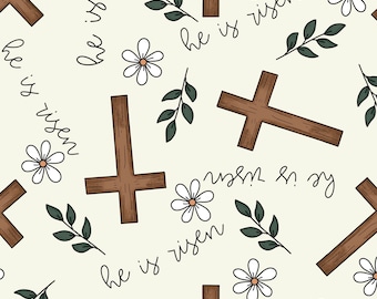 Easter Cross Fabric, He is Risen Fabric, Christian Fabric, Fabric by the Yard, Brittany Frost, Quilting Cotton, Knit Fabric, Spandex, Canvas