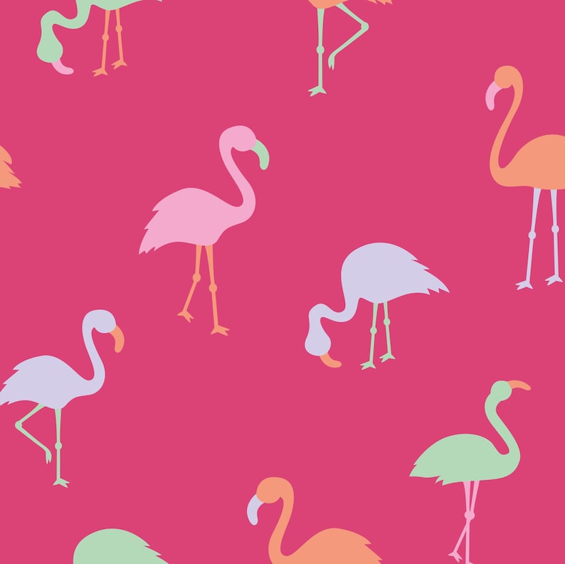 May include: A seamless pattern featuring pink, orange, green, and purple flamingos on a bright pink background.