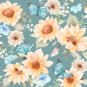 Türkis Schmetterling Sonnenblumen Stoff, Herbst Floral Stoff, Meterware, Herbst Fluss, Quilt Baumwolle, Feiner, Feiner, Satin, Minky, Elastan