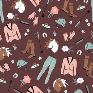 Horseback Riding Fabric, Fabric by the Yard, Burgundy Horse Fabric, Hey Cute Design, Quilting Cotton, Knit Fabric, Canvas, Spandex, Sateen