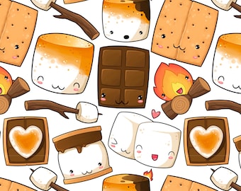 S'Mores Fabric, Cute Face S'More and Campfire, Fabric by the Yard, Quilting Cotton, Spandex, Jersey, Bamboo, French Terry, Spandex, Canvas