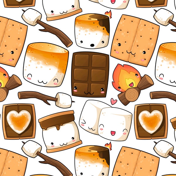 S'Mores Fabric, Cute Face S'More and Campfire, Fabric by the Yard, Quilting Cotton, Spandex, Jersey, Bamboo, French Terry, Spandex, Canvas