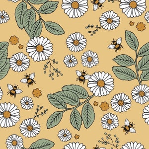 May include: A seamless pattern featuring white daisies, green leaves, and yellow bees on a light yellow background.