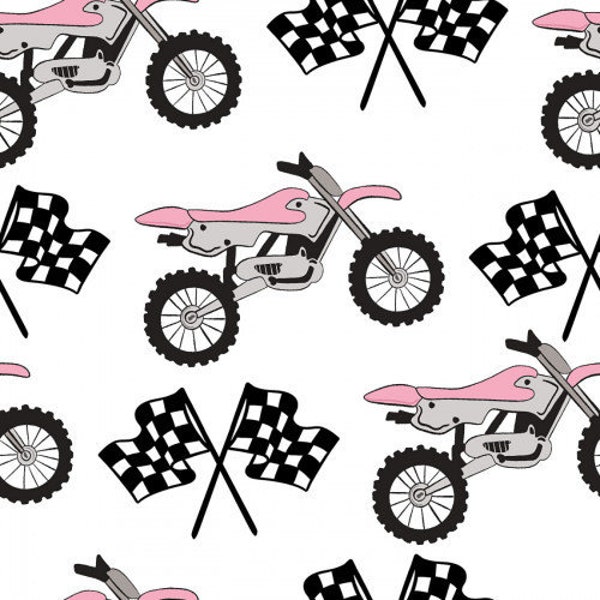 Pink Dirt Bike Fabric by the Yard, Motocross Fabric, Pink Motorcycle Fabric, Quilting Cotton, Canvas, Sateen, Bamboo, Broadcloth, Spandex