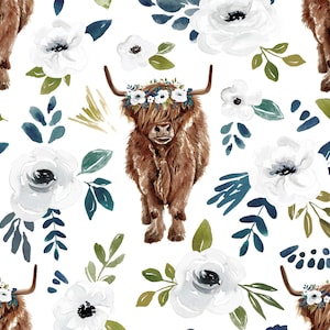 Highland Cow Floral Fabric, Fabric by the Yard, Cate and Rainn, Avaleigh Highland Cow, Quilting Cotton, Bamboo, Canvas, Spandex, Rib Knit