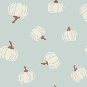 Cream and Blue Pumpkin Fabric, Fabric by the Yard, Fall Fabric, Erin Kendal, Quilting Cotton, Bamboo, Jersey, Canvas, Spandex, Broadcloth
