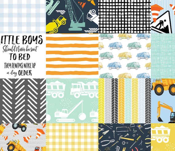 Construction Truck Cheater Quilt, Fabric by the Yard, Easy Quilting, Quilt Blocks, Baby Boy Quilt Fabric, Quilting Cotton Fat Quarter