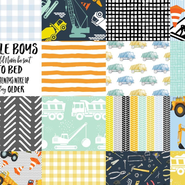 Construction Truck Cheater Quilt, Fabric by the Yard, Easy Quilting, Quilt Blocks, Baby Boy Quilt Fabric, Quilting Cotton Fat Quarter