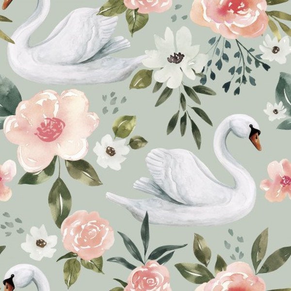 Swan Floral Fabric, Cate and Rainn, Fabric by the Yard, Vintage Spring Swan Floral, Quilting Cotton, Bamboo, Canvas, Spandex, Jersey