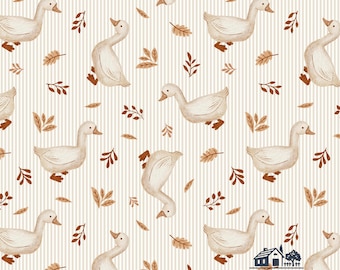 Fall Goose Fabric, Autumn Geese Fabric, Farm Animal Fabric, Fabric by the yard, Louise Rowles, Quilting Cotton, Knit Fabric, Canvas, Sateen