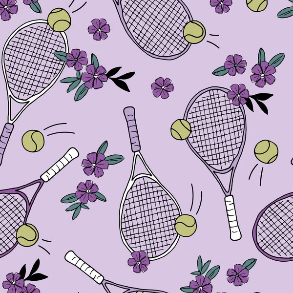 Purple Tennis Racket Floral Fabric, Fabric by the Yard, Sports Fabric, Little Smile Makers, Quilting Cotton, Spandex, Bamboo, Canvas, Jersey