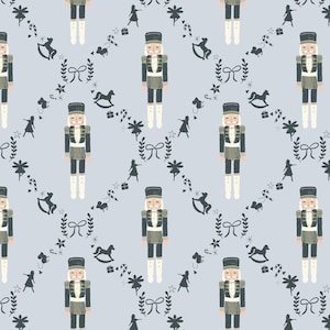 May include: A repeating pattern featuring toy nutcrackers in military uniforms on a light blue background. The design includes rocking horses, bows, stars, and other festive elements.