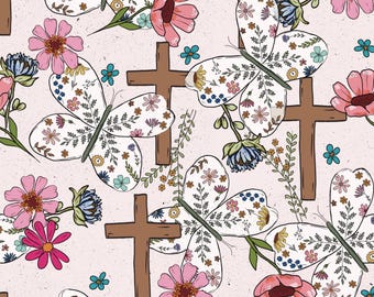 Tela con cruz de mariposa, tela cristiana de Pascua, tela cortada a medida, Tori Egeler, algodón para acolchado, minky, lona, satén, popelina, jersey