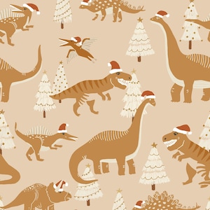 Christmas Dinosaur Fabric, Dino Santa Fabric, Fabric by the Yard, Erin Kendal, Quilting Cotton, Knit Fabrics, Minky, Sateen, Broadcloth