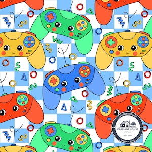 May include: A repeating pattern of colorful, cartoon-style video game controllers in red, yellow, green, and blue. The controllers have smiling faces and are set against a blue and white checkered background with additional geometric shapes.